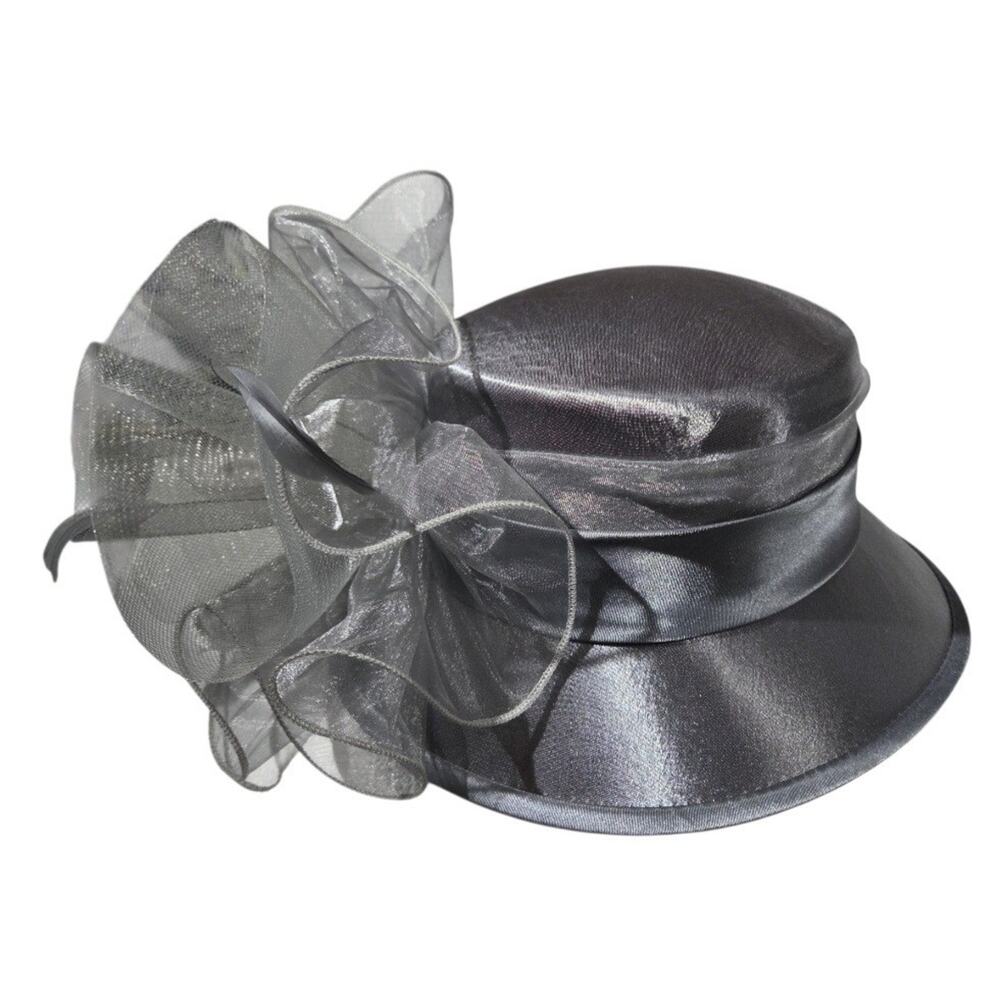 August Accessories Fine Millinery Metallic Gray Organza Dress Hat – Satin Lined